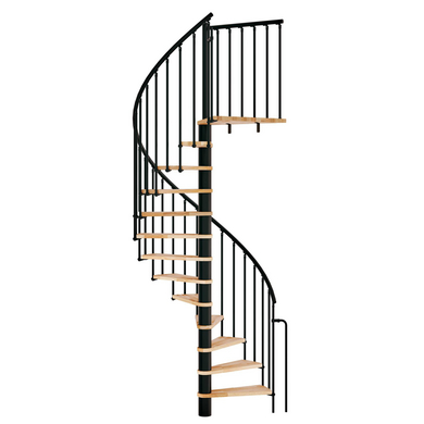 Escalier en colimaçon Enzo réversible avec rampe à barreaux, marches vernis incolore