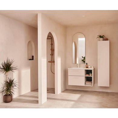 Meuble de salle de bains Phoenix, 2 tiroirs avec poignées, niche et plan vasque