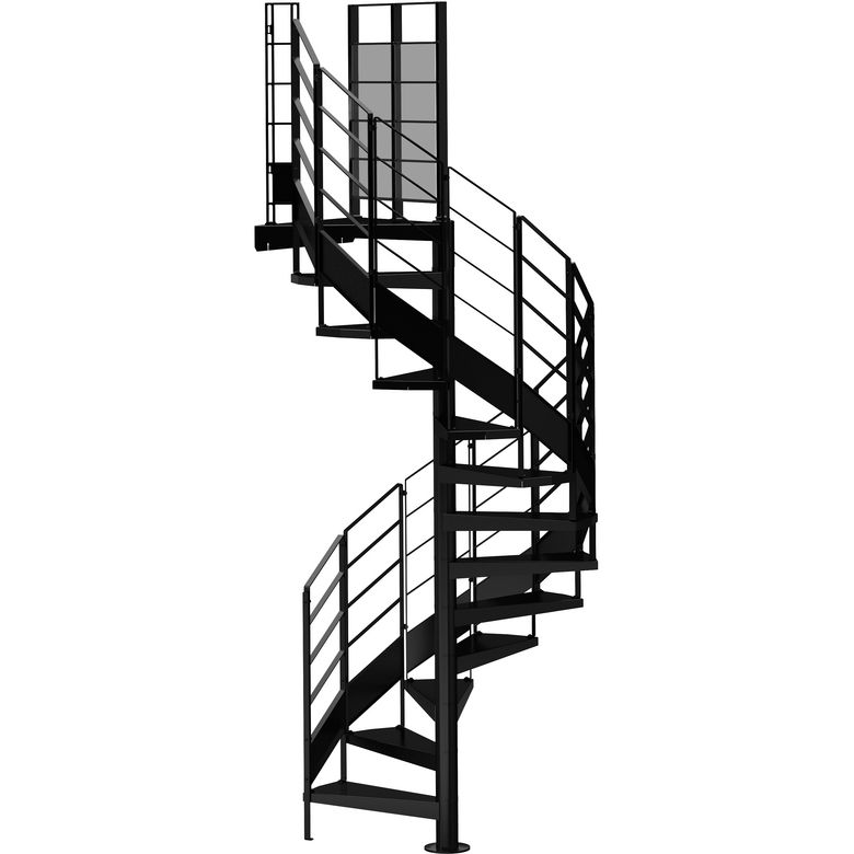 Escalier spirale Edouard avec rampe Elise marche acier reversible