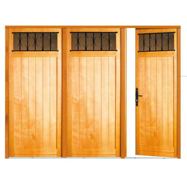 Porte de garage Louveciennes pliante bois exotique avec grilles - Extérieur
